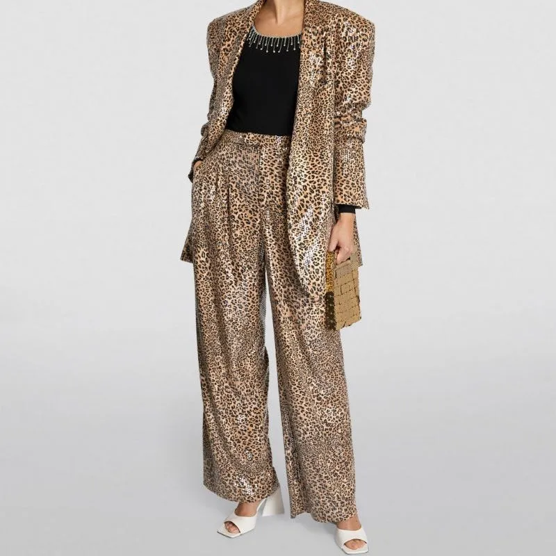 Animal Printed Sequin Flared Pants