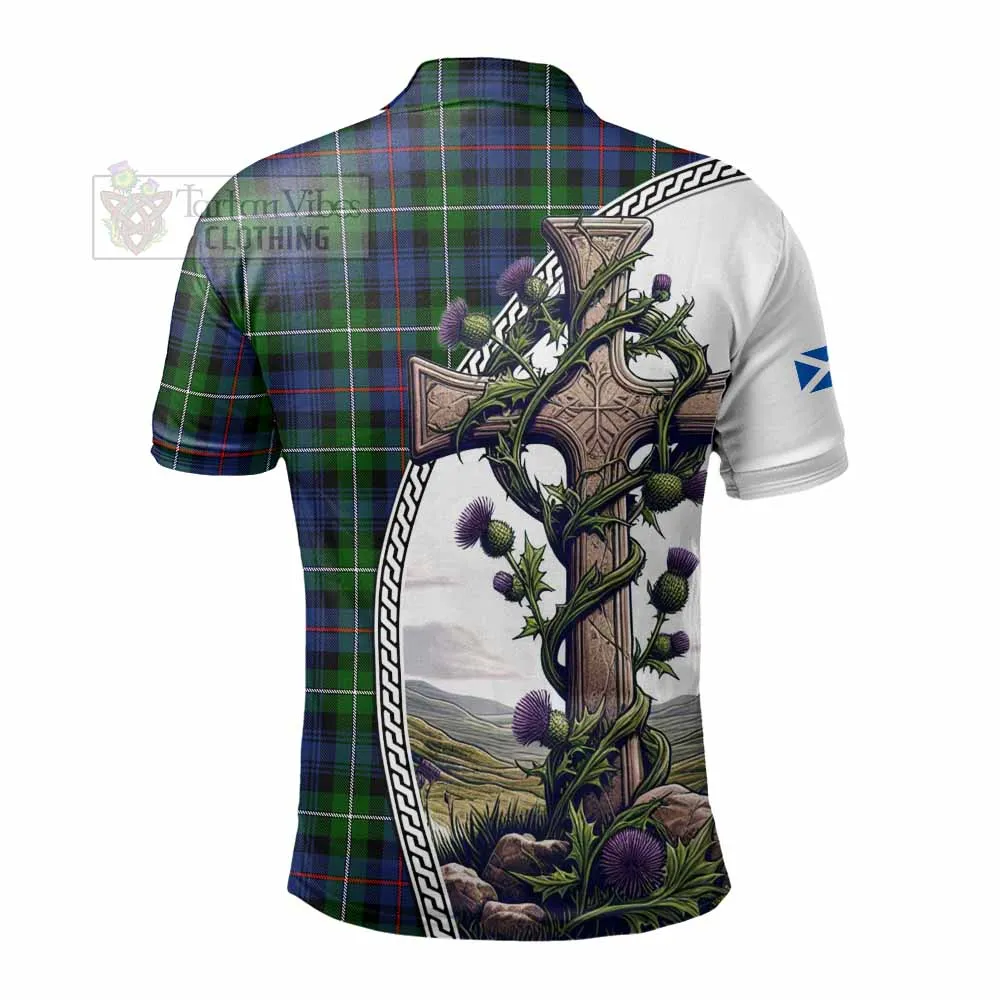 Baillie (Bailey) Tartan Polo Shirt with Family Crest and St. Andrew's Cross Accented by Thistle Vines