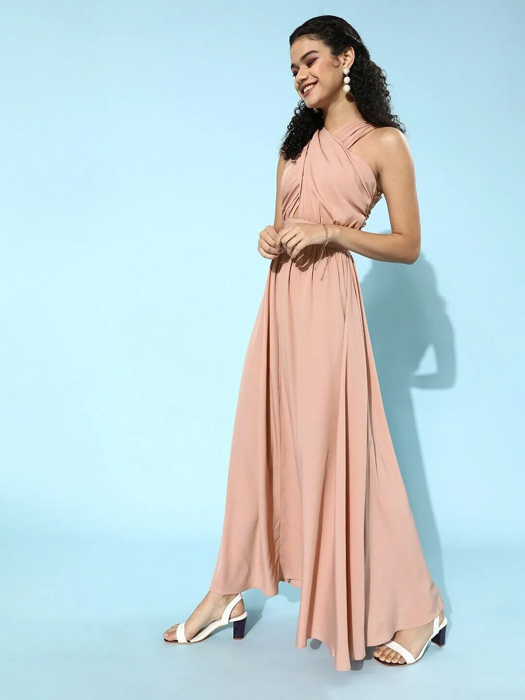 Berrylush Women Solid Pink Sleeveless Halter Maxi Dress