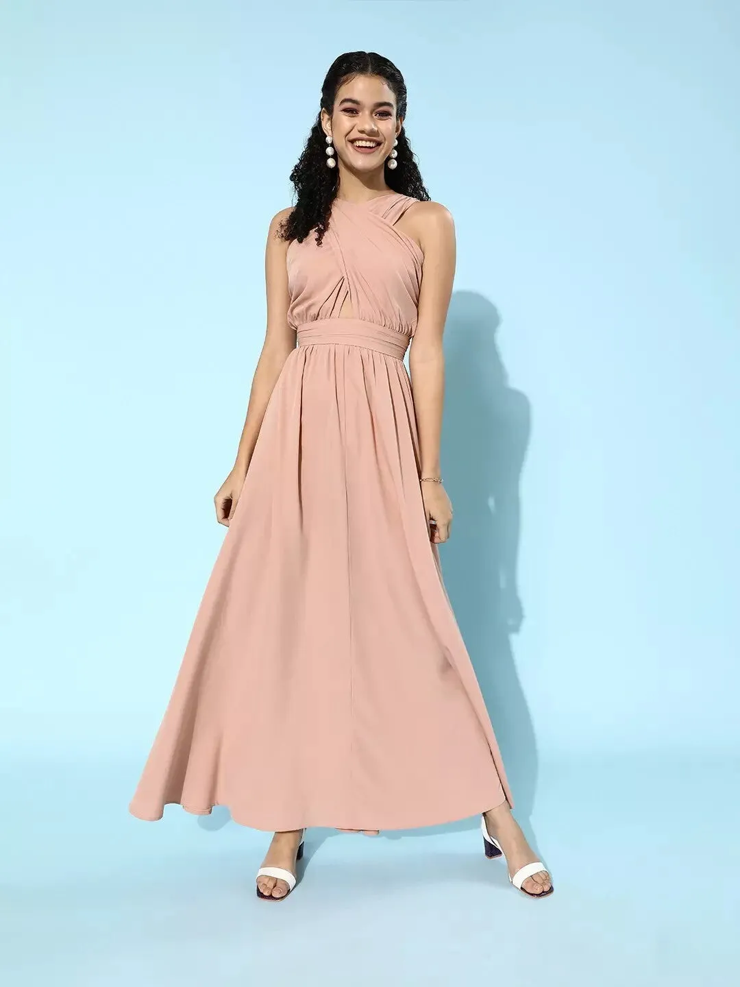 Berrylush Women Solid Pink Sleeveless Halter Maxi Dress