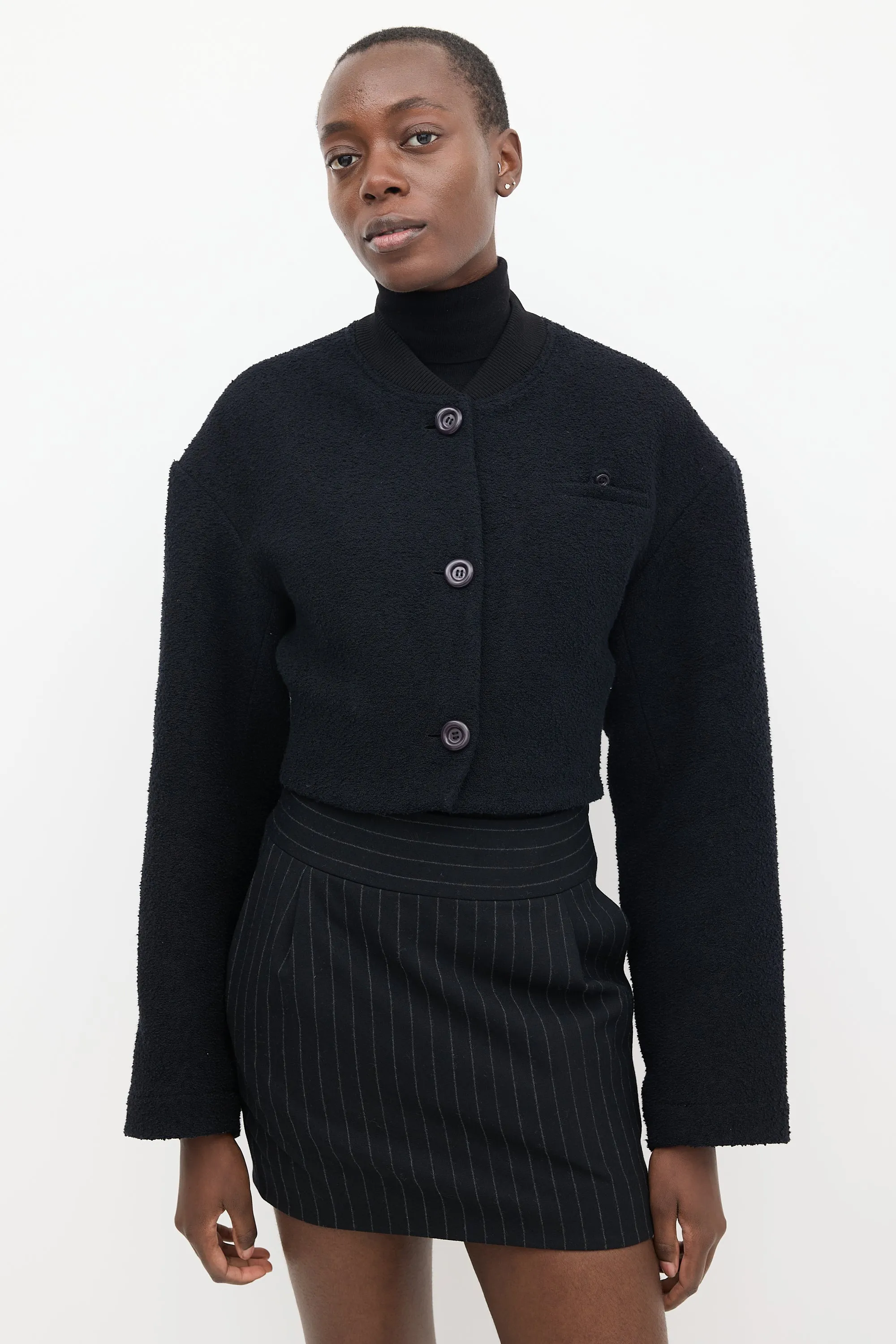 Black Boucle Cotton Cropped Bomber Jacket