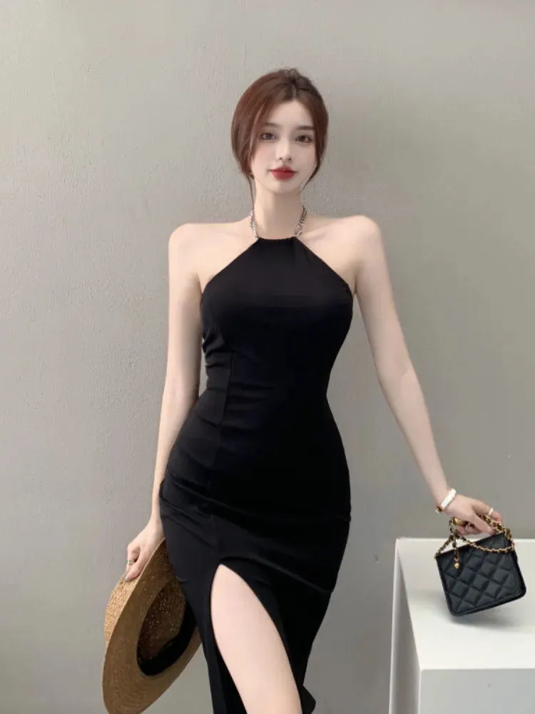 Black Chain Halter Dresses Vintage Elegant Evening Party Bodycon Off Shoulder Backless Split Dress Fashion