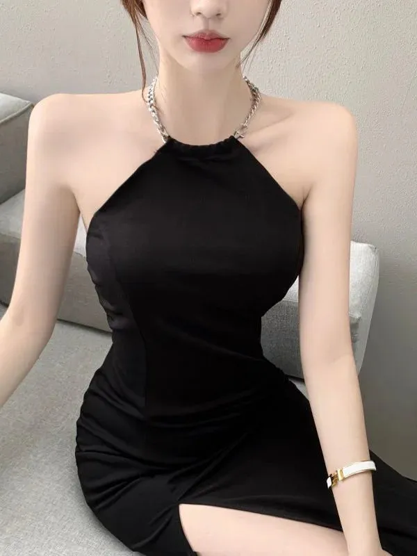 Black Chain Halter Dresses Vintage Elegant Evening Party Bodycon Off Shoulder Backless Split Dress Fashion