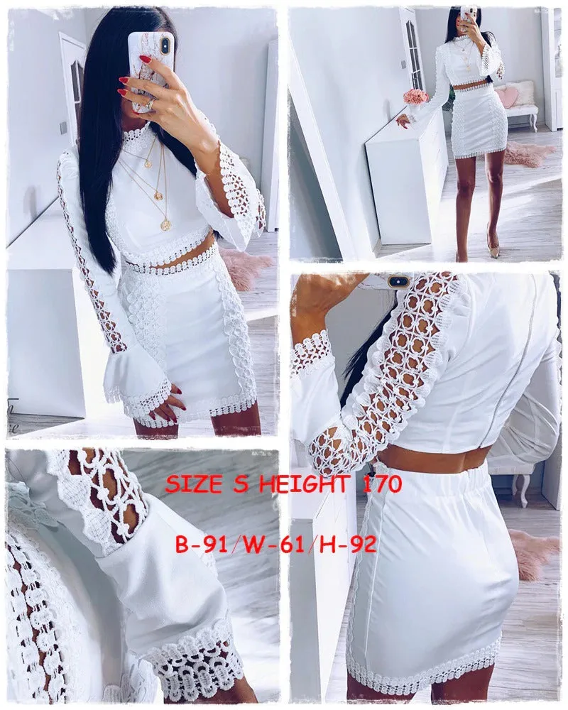 Elegant Lace Bodycon Two Pieces Hollow Out Sexy Party Club Short Party Dress