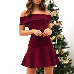 Elegant Off Shoulder A-line Solid Bodycon Mini Party Summer Casual Dresses