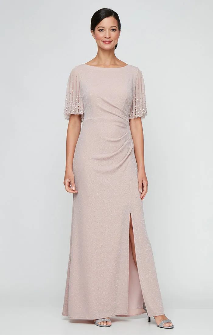 Embellished Flutter Sleeve Metallic Knit Dress with Ruched Waist