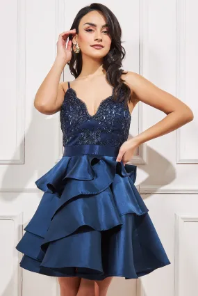 Goddiva Embroidered Scallop Lace Bodice Layered Mini Dress