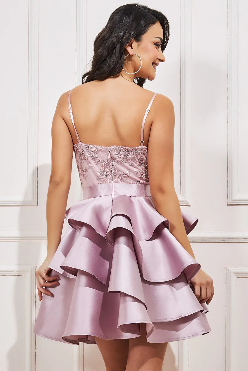 Goddiva Embroidered Scallop Lace Bodice Layered Mini Dress