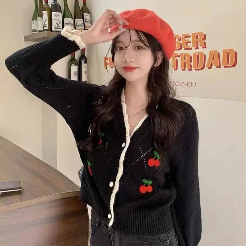 Knitted Cozy Autumnal Winter V-neck Floral Casual Long Sleeve Comfortable Loose Stylish Sweater