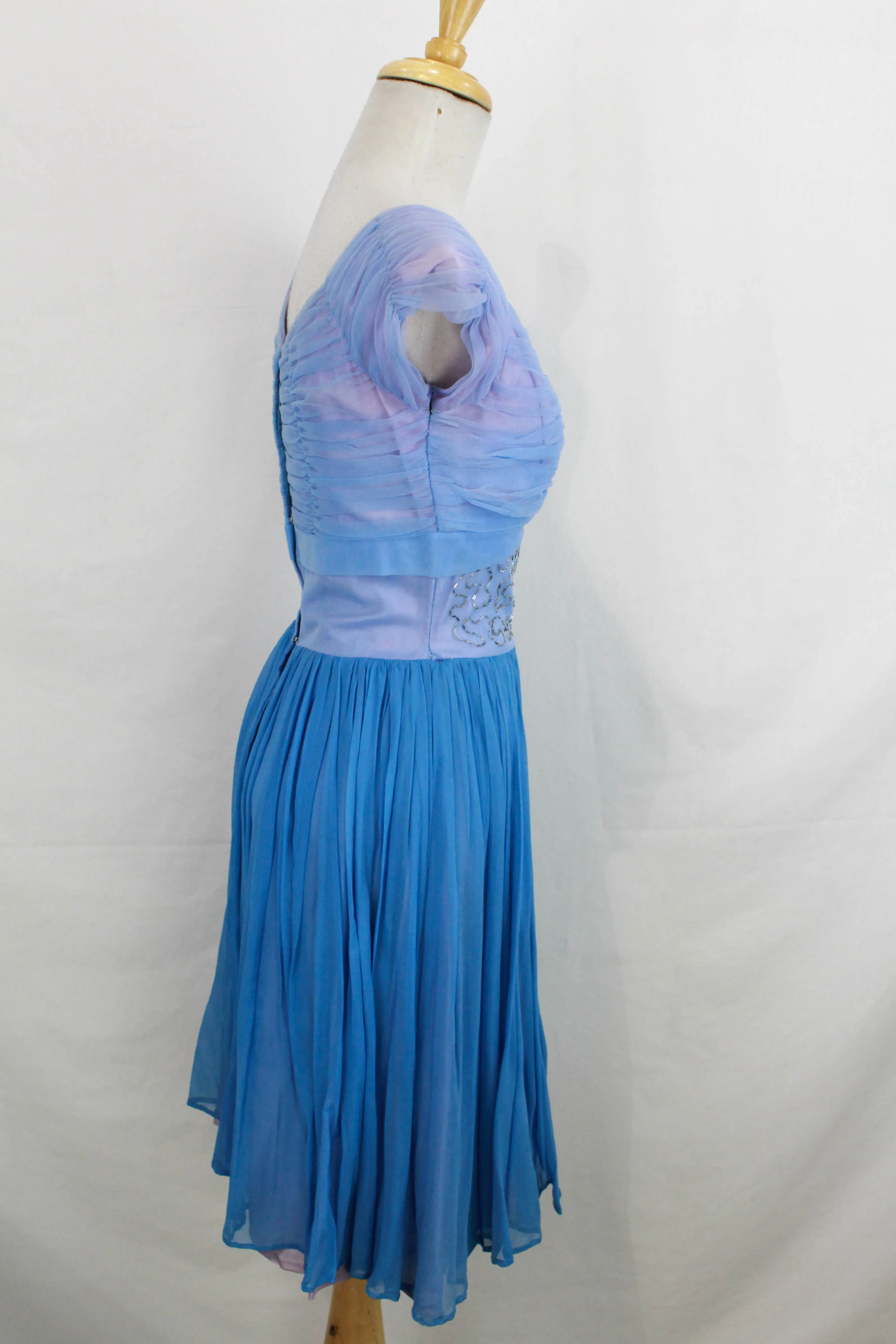 Vintage 1950s Blue and Lilac Chiffon Party Dress, Sequinned/Beaded Waist, Small