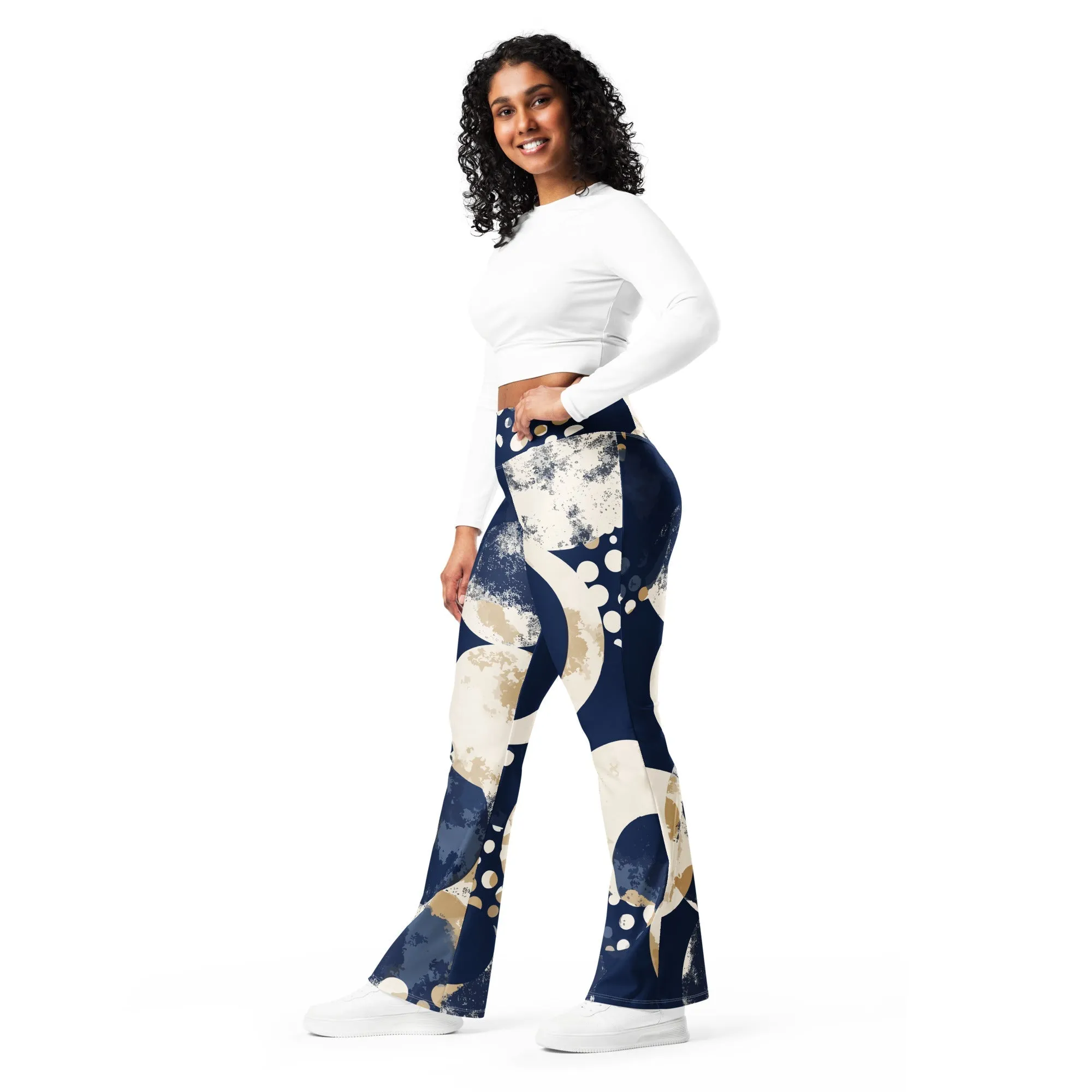 Womens Flare Leggings - Blue Beige Spotted Print