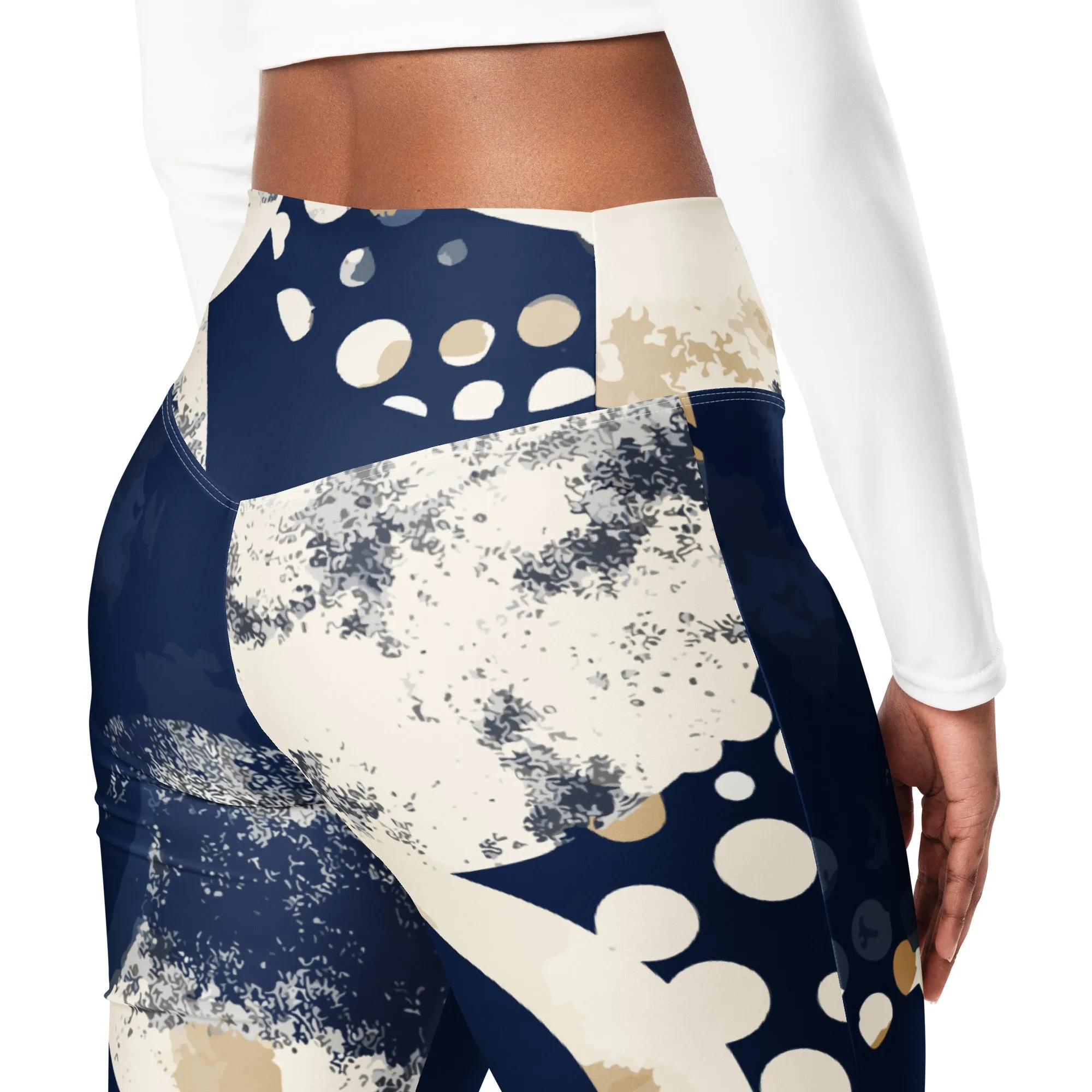 Womens Flare Leggings - Blue Beige Spotted Print