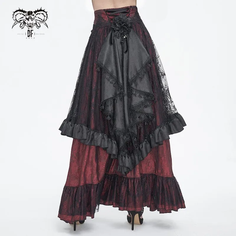 Women's Gothic Drawstring Ruffled Red Lace Skirt